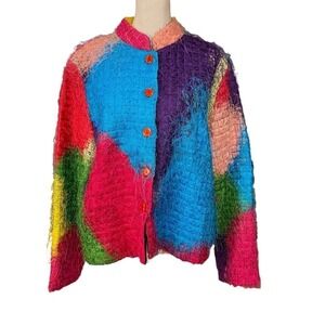Vintage Florissant 80s Fringe Rainbow multicolor Jacket Button up grid fuzzy L